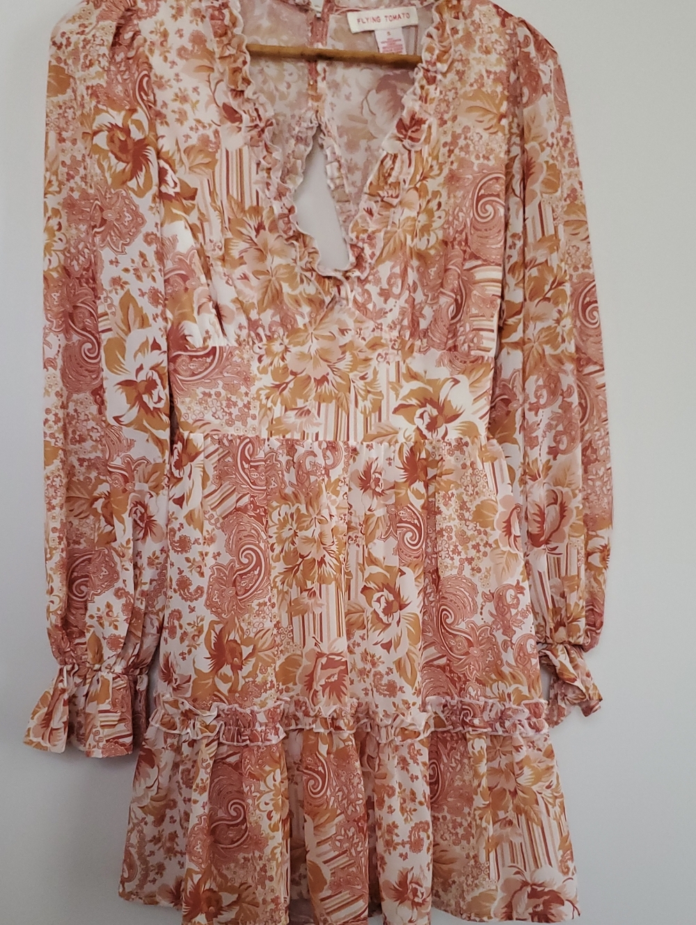 Flying Tomato Boho Paisley Ruffle Mini Dress - Rust & Cream